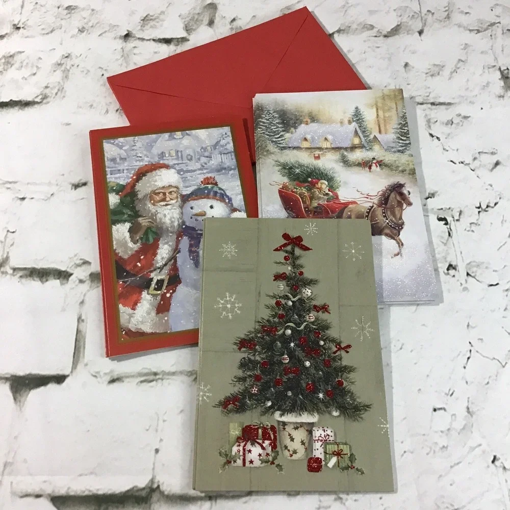American Greetings Christmas Cards Lot Of 12 In 3 Glittery Styles W/Envelopes